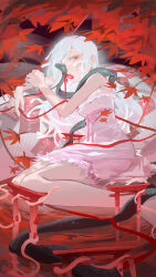 1girl absurdres colored_eyelashes dress falling_leaves god_nadeko grin highres kuchinawa leaf long_hair looking_at_viewer maple_leaf monogatari_(series) multiple_torii ofuda omurice_(304975636) one_eye_covered red_eyes red_ribbon red_theme ribbon sengoku_nadeko sitting sleeveless sleeveless_dress smile snake snake_hair solo torii water white_dress white_hair