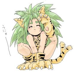 1girl :&lt; animal_ears animal_hands animal_print blush_stickers cat_ears cham_cham closed_eyes commentary_request facing_viewer fighting_game green_hair kiliko kneepits leotard long_hair oekaki paint_chat_(medium) pawpads retro_artstyle samurai_spirits scratching_head solo sound_effects spiked_hair squatting tail tail_wagging thick_eyebrows tiger_ears tiger_girl tiger_print tiger_tail white_background
