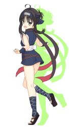 Rule 34 | 1girl, :d, ahoge, ass, back bow, black hair, black scarf, blue bridal gauntlets, blue kimono, blush, bow, bridal gauntlets, commentary request, drop shadow, floating hair, forehead protector, from behind, full body, green eyes, happy, highres, hitachi mako, japanese clothes, kimono, kneepits, long scarf, looking at viewer, ninja, open mouth, ponytail, red scarf, sandals, scarf, senren banka, shirayamakoma, short hair with long locks, short kimono, short ponytail, simple background, sleeveless, sleeveless kimono, smile, solo, standing, standing on one leg, tiptoes, two-sided scarf, two-tone scarf, white background, white bow