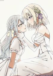 2girls absurdres bang_dream! bang_dream!_it&#039;s_mygo!!!!! blonde_hair blue_hair blush chinese_commentary choker closed_mouth commentary_request dress elbow_gloves gloves grey_background gugufinn306 hair_ribbon hand_on_another&#039;s_neck highres medium_hair misumi_uika multiple_girls off-shoulder_dress off_shoulder purple_eyes purple_ribbon ribbon simple_background smile togawa_sakiko two_side_up white_choker white_dress white_gloves wife_and_wife yellow_eyes yellow_ribbon yuri