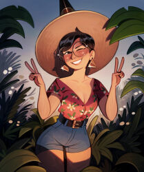 1girl absurdres belt black_belt black_hair blue_shorts breasts cleavage commentary double_v earrings english_commentary floral_print_shirt friedbaens glasses glint hat highres jewelry looking_at_viewer one_eye_closed original outdoors plant red_shirt round_eyewear shirt short_hair short_shorts shorts smile solo standing v witch_hat