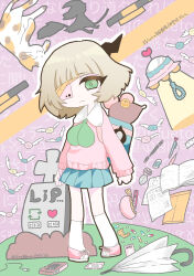 1girl absurdres bandaged_head bandages black_horns blonde_hair blunt_bangs cat cellphone collared_shirt deformed eyepatch frown full_body green_eyes green_neckerchief green_skirt head_tilt highres horns like_and_retweet long_sleeves looking_at_viewer medicine neckerchief phone phone_eyepatch pill pink_sweater puffy_sleeves ruru_(shinsei_kamattechan) shinsei_kamattechan shirt shoes short_hair single_horn skirt sneakers solo standing stuffed_animal stuffed_mouse stuffed_toy sweater umbrella white_shirt xxalicexmintxx