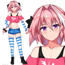 arm_guards artist_name astolfo_(fate) black_bow bow crop_top emblem fate/apocrypha fate/grand_order fate_(series) hair_bow hair_intakes highres multicolored_hair multiple_hair_bows navel pink_hair pink_top purple_eyes short_shorts shorts streaked_hair striped_clothes striped_thighhighs thighhighs trap vemus_01 white_hair zettai_ryouiki