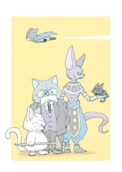 Rule 34 | ancient egyptian clothes, beerus, black boots, black cat, black gloves, blue cape, boots, cape, carrying, cat, character request, closed eyes, colored sclera, colored skin, dragon ball, dragon ball super, dragon ball super super hero, dragonball z, gamma 2, gloves, grey skin, jacket, karin (dragon ball), long sleeves, male focus, meitarou, multiple boys, pants, sweatdrop, tama (dragon ball), teeth, v-shaped eyebrows, yellow jacket, yellow pants, yellow sclera