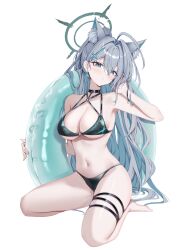 Rule 34 | 1girl, ahoge, animal ear fluff, animal ears, armpits, bare shoulders, barefoot, bikini, black bikini, black choker, blue archive, breasts, choker, cleavage, commentary, cross, cross earrings, earrings, extra ears, green eyes, grey hair, ha en, halo, halterneck, hand up, highres, innertube, jewelry, large breasts, long hair, looking at viewer, multi-strapped bikini top, navel, parted lips, shiroko (blue archive), shiroko terror (blue archive), sideboob, simple background, skindentation, solo, stomach, string bikini, swim ring, swimsuit, thigh strap, thighs, underboob, very long hair, white background, wolf ears