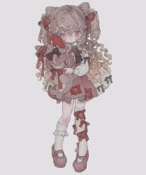 Rule 34 | 1girl, asymmetrical legwear, cone hair bun, dress, food, fruit, full body, hair bun, heterochromia, highres, holding, holding stuffed toy, long hair, long sleeves, looking at viewer, mary janes, original, shoes, short dress, simple background, socks, solo, standing, strawberry, stuffed toy, thighhighs, uneven legwear, white background, white socks, white thighhighs, womb 74
