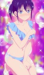 1girl anime_screenshot bikini blue_bikini blue_eyes blush breasts cleavage closed_mouth collarbone dot_nose embarrassed female_focus grabbing_own_breast highres kanojo_mo_kanojo kneeling legs looking_at_viewer medium_breasts midriff minase_nagisa navel short_hair shy side_ponytail sitting sleeveless solo solo_focus sparkle stomach swimsuit thighs thighs_focus