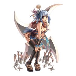 1girl 2000s_(style) armor black_socks black_thighhighs blue_hair breasts brown_eyes cleavage crescent full_body fuuma_shuriken grey_sandals hair_ornament hair_stick hands_on_own_knees high_ponytail highres huge_weapon japanese_armor knife kunai large_breasts leaning_forward long_hair looking_at_viewer myung-jin_lee ninja ninja_(ragnarok_online) obi obijime official_art open_mouth pinwheel_hair_ornament planted planted_knife planted_weapon ponytail ragnarok_online red_scarf sandals sash scarf shuriken sidelocks simple_background smile socks solo standing suneate tabi tachi-e thighhighs torn_clothes torn_scarf transparent_background vambraces weapon zouri