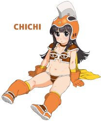 1girl alternate_color armor bikini bikini_armor black_eyes black_hair blush boots breasts cape character_name chi-chi_(dragon_ball) cleavage dragon_ball dragon_ball_(classic) female_focus full_body gloves helmet highres legs loli long_hair matching_hair/eyes navel orange_bikini orange_gloves orange_helmet pauldrons shoulder_armor simple_background sitting small_breasts solo swimsuit thighs wakaho_riku white_background yellow_cape