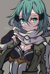1girl absurdres aqua_hair black_gloves blue_eyes breasts character_name cleavage closed_mouth fingerless_gloves frown gloves green_jacket grey_background grey_scarf hair_between_eyes hair_ornament hairclip highres jacket kakuzatou_(cubesugar03196) looking_at_viewer medium_breasts medium_hair open_clothes open_jacket scarf sinon solo sword_art_online upper_body