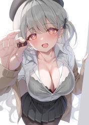 +_+ 1girl alternate_costume azur_lane beret black_bra black_hat black_pantyhose black_skirt blush bra bra_visible_through_clothes breasts brown_cardigan candy cardigan chocolate chocolate_heart classic_(zildjian33) cleavage collarbone collared_shirt commentary_request cross-shaped_pupils dot_nose food grey_hair hair_intakes hat heart heart-shaped_food highres holding holding_chocolate holding_food incoming_food large_breasts long_hair long_sleeves looking_at_viewer miniskirt one_side_up open_cardigan open_clothes open_mouth pantyhose pleated_skirt red_eyes school_uniform scylla_(azur_lane) see-through_clothes shirt simple_background skirt smile solo symbol-shaped_pupils underwear wet wet_clothes wet_shirt white_background white_shirt