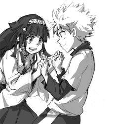 1boy 1girl alluka_zoldyck brother_and_sister headband holding_hands hunter_x_hunter killua_zoldyck long_hair long_sleeves lychi monochrome siblings simple_background smile teeth upper_teeth_only