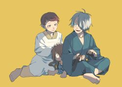 1girl 2boys absurdres artist_name barefoot blush brown_eyes brown_hair brushing_hair closed_eyes comb dated earrings family gegege_no_kitarou grey_hair hair_over_one_eye highres iwako_(gegege_no_kitarou) japanese_clothes jewelry kani6850 kimono kitarou long_hair looking_at_another medama_oyaji_(human) multiple_boys sitting very_long_hair white_hair yellow_background