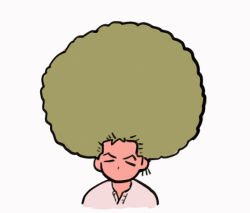 1boy afro alternate_hairstyle cropped_torso deformed green_hair male_focus marimo no.6_(numberr_6) one_piece roronoa_zoro shirt short_hair solo