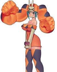 1girl blue_hair breasts cerebella_(skullgirls) collarbone cowboy_shot dress green_lips grin hat highres large_breasts looking_at_viewer short_dress skullgirls smile solo tavomx thighhighs vice-versa_(skullgirls) white_background