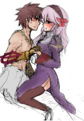 1boy 1girl blue_eyes blush bow brown_hair brown_hairband brown_thighhighs commentary_request cross_of_prontera dress feet_out_of_frame garter_straps gauntlets hair_bow hairband hetero holding_hands interlocked_fingers juliet_sleeves long_hair long_sleeves looking_at_another open_mouth priest_(ragnarok_online) puffy_sleeves purple_dress ragnarok_online red_bow red_eyes shomu_(arujanainon) short_hair side_slit simple_background sketch sura_(ragnarok_online) thighhighs topless_male white_background
