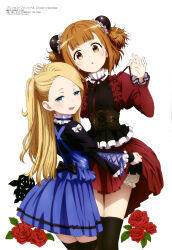 2girls absurdres artist_request beatrice_(princess_principal) black_dress black_thighhighs blonde_hair bloomers blue_dress blue_eyes blue_ribbon blunt_bangs brown_corset brown_eyes brown_hair bun_cover clothes_lift copyright_name copyright_notice corset double_bun dress dress_lift flower hair_bun hand_on_another&#039;s_head highres holding holding_ribbon juliet_sleeves lifting_another&#039;s_clothes light_blush long_hair long_sleeves looking_at_viewer magazine_scan mary_(princess_principal) megami_magazine multiple_girls neck_ribbon official_art one_side_up open_mouth parted_lips princess_principal puffy_sleeves red_dress red_flower red_ribbon red_rose ribbon rose scan short_dress short_hair simple_background smile swept_bangs thighhighs two-tone_dress underwear white_background white_bloomers