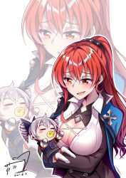 Rule 34 | 2girls, :d, aged down, baby, black jacket, blue bow, blue jacket, blue skirt, blush stickers, bow, breasts, bronya zaychik, bronya zaychik (valkyrie chariot), cleavage, cleavage cutout, clothing cutout, drill hair, fang, fei luo mao, grey hair, hair bow, highres, honkai (series), honkai impact 3rd, jacket, large breasts, long hair, mole, mole on breast, multiple girls, murata himeko, murata himeko (arctic kriegsmesser), open mouth, pleated skirt, ponytail, red hair, signature, simple background, skirt, smile, thighhighs, twin drills, white background, white thighhighs, yellow eyes, zoom layer