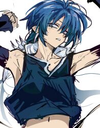 1boy armpits aulen19 blue_eyes blue_hair blue_tank_top character_request clenched_teeth clothes_lift collarbone copyright_request detached_sleeves disgust eyelashes frown highres low_ponytail male_focus navel ponytail shirt_lift sideways_glance simple_background solo tank_top teeth upper_body white_background