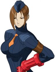 Rule 34 | 1girl, armband, bengus, breasts, brown eyes, brown hair, double-parted bangs, game cg, garrison cap, hair bun, hand on own hip, hat, highres, juli (street fighter), large breasts, leotard, long hair, necktie, non-web source, official art, orange necktie, parted bangs, portrait, ribbed leotard, shadaloo dolls, sideways glance, simple background, single hair bun, sleeved leotard, solo, street fighter, street fighter zero (series), upper body, white background