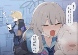 1boy 2girls angry animal_ear_fluff animal_ears armband blonde_hair blue_archive blue_halo blue_necktie blush coffee coffee_mug cup dog_ears doodle_sensei_(blue_archive) fang grey_eyes grey_hair grey_halo gurenola halo hawaiian_shirt highres holding holding_cup indoors jacket kanna_(blue_archive) konoka_(blue_archive) mask mouth_mask mug multiple_girls necktie office open_mouth police police_uniform policewoman sensei_(blue_archive) shirt skirt speech_bubble spitting teasing whispering