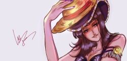 1girl armlet black_hair blunt_bangs commentary cowboy_hat derivative_work english_commentary eyelashes hand_on_own_hat hat jewelry lowres medium_hair nico_robin one_piece parted_lips purple_hat purple_nails screenshot_redraw serein signature simple_background smile solo straw_hat upper_body white_background