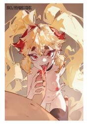 1boy 1girl absurdres ahoge black_choker black_nails black_thighhighs blonde_hair border breasts brown_background character_request choker copyright_request crossed_bangs english_text erection fangs fellatio fingernails hair_between_eyes hetero highres kneeling long_hair looking_at_viewer multicolored_hair nail_polish navel nipples open_mouth oral penis precum red_eyes red_hair short_eyebrows simple_background small_breasts stirrup_legwear teeth thighhighs toeless_legwear tongue tongue_out twintails two-tone_hair upper_teeth_only very_long_hair white_border yeougui