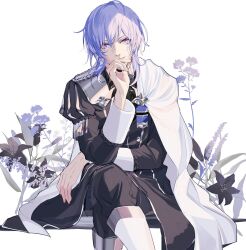 Rule 34 | 1boy, black coat, black flower, black pants, boots, cape, closed mouth, coat, commentary request, crossed legs, en (enxxx), fire emblem, fire emblem: three houses, flower, garreg mach monastery uniform, hand on own chin, highres, leaf, lily (flower), long sleeves, looking ahead, male focus, nintendo, pants, plant, purple eyes, purple flower, purple hair, school uniform, side cape, silver trim, sleeve cuffs, smile, solo, white background, white boots, white cape, yuri leclerc