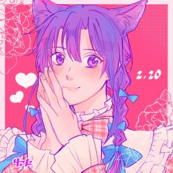 1girl animal_ears blue_bow blush border bow bowtie braid cat_ears d.gray-man fang flower frilled_shirt_collar frilled_sleeves frills hair_between_eyes hair_bow heart lenalee_lee light_smile lipgloss long_hair long_sleeves looking_at_viewer multiple_hair_bows outside_border own_hands_together pink_background pink_bow pink_bowtie pink_stripes plaid_bow plaid_bowtie plaid_clothes purple_eyes purple_hair rikota shirt sidelocks solo striped_clothes striped_shirt twin_braids white_border white_shirt