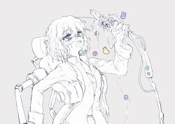 1girl bags_under_eyes bird bra coat collarbone collared_shirt commentary_request cowboy_shot exoskeleton flower_symbol glasses greyscale hand_up highres holding holding_hose hose kagaku_chop lab_coat lace lace-trimmed_bra lace-trimmed_panties lace_trim long_sleeves looking_up monochrome open_clothes open_coat open_mouth open_shirt panties partially_unbuttoned payama rabbit_symbol rolling_eyes shirt short_hair simple_background slime_(substance) solo spot_color suggestive_fluid suzuzono_sai underwear wavy_hair