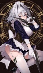 1girl apron back_bow bayonet black_bow black_shoes blue_eyes bow breasts brown_background brown_corset clock commentary corset cowboy_shot cz_52 dual_wielding gloves green_bow greenkohgen grey_hair gun hair_bow hair_intakes hand_up handgun high_heels highres holding holding_gun holding_weapon izayoi_sakuya large_breasts long_sleeves looking_at_viewer maid_headdress medium_hair shoes solo standing standing_on_one_leg thigh_strap thighhighs thighs touhou trigger_discipline waist_apron weapon white_apron white_gloves white_thighhighs