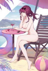 1girl absurdres ball barefoot beach_chair beach_umbrella beachball breasts cherry closed_mouth collarbone commentary_request completely_nude credit_card crossed_legs cup drinking_glass eyewear_on_head feet food fruit full_body glasses hand_on_own_face highres honkai:_star_rail honkai_(series) innertube kafka_(honkai:_star_rail) large_breasts legs long_hair nail_polish navel nipples nude outdoors paid_reward_available pince-nez pink_petals ponytail purple_eyes purple_hair purple_nails round_eyewear sand shore sitting smile solo stomach sunglasses swim_ring table thighs toenail_polish toenails toes umbrella variant_set yunkaiming