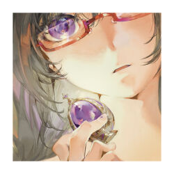 1girl absurdres akemi_homura black_hair glasses highres holding lanmi_lemmy long_hair looking_at_viewer mahou_shoujo_madoka_magica neck portrait purple_eyes semi-rimless_eyewear soul_gem under-rim_eyewear