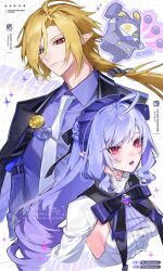 Rule 34 | 1boy, 1girl, absurdres, ascot, black jacket, blonde hair, bluesky username, bow, bowtie, breasts, center frills, character name, chikuwa (dr0603), closed mouth, commentary, cropped torso, drill hair, frills, gem, green eyes, hairband, heterochromia, highres, hugo vlad, jacket, long hair, medium breasts, mole, mole under eye, necktie, open mouth, pointy ears, purple ascot, purple bow, purple bowtie, purple gemstone, purple hair, purple hairband, purple shirt, red eyes, robin (zenless zone zero), shirt, shrug (clothing), sideboob, sidelocks, sleeveless, sleeveless shirt, smile, symbol-only commentary, twitter username, vivian (zenless zone zero), white background, white necktie, white shrug, zenless zone zero
