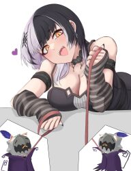 1girl absurdres arm_strap black_arm_warmers black_choker black_dress black_hair black_nails breasts choker cleavage dress earrings grey_hair heart highres holding holding_leash hololive hololive_english jewelry large_breasts leash long_hair lying mmneko multicolored_hair on_stomach open_mouth shiori_novella shiori_novella_(1st_costume) split-color_hair striped_arm_warmers two-tone_hair virtual_youtuber yellow_eyes