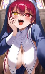 1girl :d blue_sleeves breast_curtain breasts commentary_request double-parted_bangs hair_between_eyes hand_on_own_cheek hand_on_own_face heart heart-shaped_pupils heterochromia highres hololive houshou_marine houshou_marine_(nun) indoors kito_koruta large_breasts long_hair long_sleeves looking_at_viewer no_bra open_mouth pelvic_curtain reaching reaching_towards_viewer red_eyes red_hair revealing_clothes sleeve_cuffs smile solo symbol-shaped_pupils teeth virtual_youtuber yellow_eyes