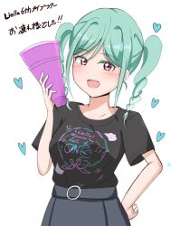 1girl :d aqua_hair black_shirt braid breasts commentary_request cowboy_shot grey_skirt hair_intakes heart holding holding_megaphone liella!_6th_lovelive!_tour_~let&#039;s_be_one~ looking_at_viewer love_live! love_live!_superstar!! matcha_moti_(matcha_427) medium_breasts medium_hair megaphone onitsuka_tomari open_mouth parted_bangs pink_eyes school_uniform shirt short_sleeves sidelocks simple_background skirt smile solo t-shirt translation_request twin_braids white_background yuigaoka_school_uniform