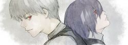 1boy 1girl back-to-back black_vest blue_hair grey_hair grey_shirt hair_over_one_eye highres kaneki_ken kirishima_touka red_eyes shirt short_hair stfr_(stfr_kaz) tokyo_ghoul vest