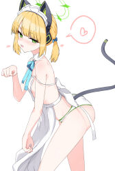 1girl absurdres animal_ear_headphones animal_ears apron ass blonde_hair blue_archive blush cat_tail detached_collar fake_animal_ears fang green_eyes headphones highres isocha looking_at_viewer maid maid_apron maid_headdress midori_(blue_archive) midori_(maid)_(blue_archive) nearly_naked_apron official_alternate_costume open_mouth panties short_hair simple_background solo tail underwear white_apron white_background