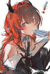 ! 1girl absurdres arknights arknights:_endfield bare_shoulders black_jacket blush commentary_request detached_collar eating food highres holding holding_food holding_popsicle horns jacket laevatein_(arknights) liebebento_(dosilan) long_hair long_sleeves off_shoulder open_clothes open_jacket pink_eyes popsicle red_hair simple_background solo surtr_(arknights) upper_body v-shaped_eyebrows white_background
