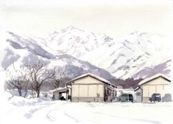 absurdres bare_tree building car day drainpipe highres masuyama_osamu motor_vehicle mountainous_horizon no_humans original painting_(medium) scenery shed sky snow traditional_media tree white_sky
