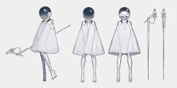 1girl absurdres dress full_body helmet highres holding holding_staff microphone multiple_views original simple_background space_helmet staff standing tokiki_(tomok1) white_background white_dress