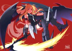 Rule 34 | 1girl, beam scythe, blonde hair, breasts, fate testarossa, gloves, gundam, gundam deathscythe hell custom, gundam wing, gundam wing: endless waltz, hair ribbon, hibun tsukasa, highres, holding, holding scythe, long hair, looking at viewer, lyrical nanoha, magical girl, mahou shoujo lyrical nanoha strikers, mechanical wings, multiple girls, red eyes, ribbon, science fiction, scythe, smile, solo, thighhighs, twintails, very long hair, wings