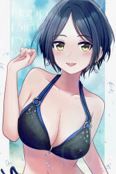 Rule 34 | 1girl, absurdres, bikini, black bikini, black hair, blush, breasts, cleavage, collarbone, commentary request, earrings, fingernails, halterneck, happy birthday, haru-mikeneko-15-icecream, hayami kanade, highres, idolmaster, idolmaster cinderella girls, jewelry, large breasts, looking at viewer, navel, parted bangs, pillarboxed, short hair, smile, solo, swimsuit, yellow eyes