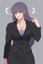 1girl absurdres arm_at_side artist_name black_eyes black_jacket black_skirt breasts business_suit cleavage collarbone commentary_request cowboy_shot formal_clothes grey_background hand_up highres jacket korean_commentary large_breasts layered_sleeves lee_do-eun_(oddsnail) long_hair long_sleeves muscular muscular_female oddsnail office_lady open_mouth original purple_hair purple_shirt shirt simple_background skirt skirt_suit solo straight-on suit tight_clothes twitter_username