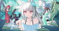 5girls absurdres ange_katrina animal_ears ape ban_(inui_toko) bangle beach blue_dress blue_flower blue_footwear blue_hair blue_nails blue_sky blunt_bangs blush bracelet brown_hair closed_eyes club_(weapon) coconut_tree collarbone commentary_request dog_ears dragon dragon_horns dress flower green_dress hair_flower hair_intakes hair_ornament halterneck headpat high_ponytail highres holding holding_club holding_weapon horns inui_toko jewelry ken_(inui_toko) lize_helesta looking_at_animal multicolored_hair multiple_girls nijisanji no_pupils ocean off-shoulder_dress off_shoulder outdoors page_of_lambda palm_tree poking ponytail purple_eyes red_dress red_flower round_eyewear sanbaka_(nijisanji) sidelocks simple_bird sky smile standing standing_on_one_leg streaked_hair tree virtual_youtuber water waving weapon western_dragon white_hair yellow_eyes yozakura_nozomu