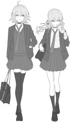 2girls absurdres ahoge alternate_costume artoria_pendragon_(fate) bag blazer choker collared_shirt cup drinking drinking_straw fate/grand_order fate_(series) full_body greyscale hair_ribbon hand_in_pocket highres holding holding_cup jacket jeanne_d&#039;arc_alter_(avenger)_(fate) jeanne_d&#039;arc_alter_(fate) kneehighs loafers long_sleeves maririri111 monochrome multiple_girls necktie open_clothes open_jacket parted_lips pleated_skirt ponytail ribbon saber_alter school_bag school_uniform shirt shirt_tucked_in shoes simple_background skirt socks standing thighhighs vest wcdonald&#039;s zettai_ryouiki