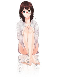 1girl artistic_error az0212 bad_id bad_pixiv_id bad_reflection bare_legs barefoot breasts brown_hair cleavage feet female_focus full_body glasses green_eyes hugging_own_legs large_breasts reflection sakuma_rinko simple_background sitting solo yondemasu_yo_azazel-san.