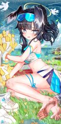 Rule 34 | 1girl, absurdres, aiu ., animal ears, barefoot, black hair, blue archive, blue eyes, breasts, cheerleader, commentary request, dirty, dirty feet, dog ears, dog girl, dog tail, extra ears, eyewear on head, feet, full body, halo, hibiki (blue archive), hibiki (cheer squad) (blue archive), highres, holding, holding pom poms, lying, medium breasts, miniskirt, official alternate costume, on grass, on side, open mouth, pleated skirt, pom pom (cheerleading), pom poms, revision, shoes, short hair, side slit, skirt, sneakers, soles, solo, sports bra, tail, toes, unworn shoes, white shoes, yellow halo