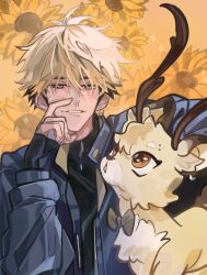 1boy animal animalization artist_name black_bow black_bowtie black_hair black_shirt blonde_hair blue_jacket bow bowtie deer earrings eyebrow_piercing flower hair_between_eyes hand_on_own_face hand_up highres jacket jewelry kalondust long_sleeves looking_at_viewer male_focus multicolored_hair orange_eyes parted_lips piercing shiguang_dailiren shirt short_hair sleeves_past_wrists smile sunflower upper_body xia_fei xia_fei_(deer) yellow_eyes yellow_flower yellow_theme
